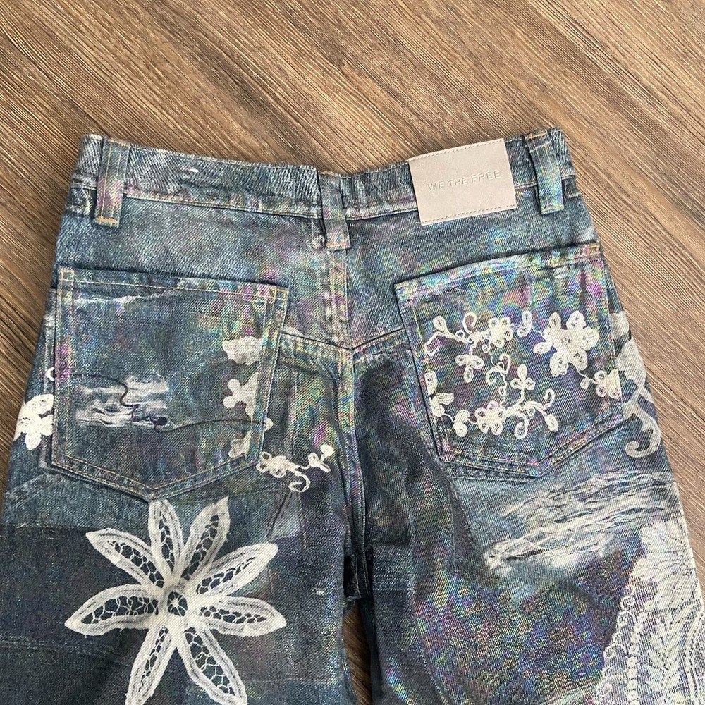 Free People We The Free Tinsley Baggy Iridescent Lace High Rise Jeans 25 - Picture 11 of 12